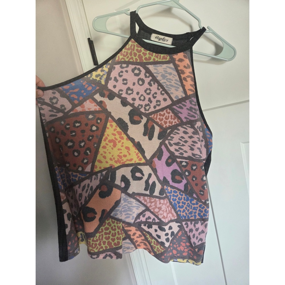 High Neck Halter Tank Top Patchwork Animal Print Charcoal Grey